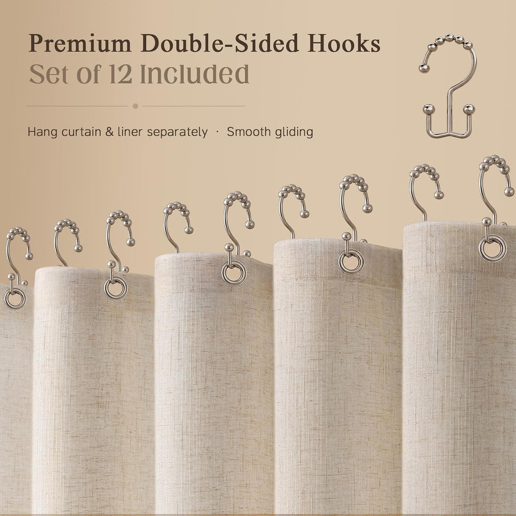 Beige Slub Linen Shower Curtain with Double Sided Hooks 72" W x 72" L | Neutral Rich Woven Textured Fabric for
