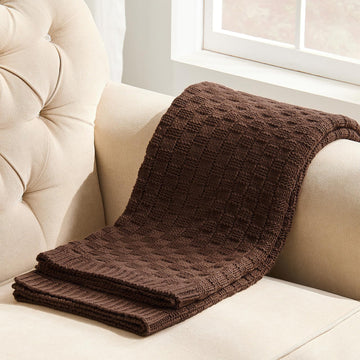 Chocolate Brown Throw Blanket, Checkerboard Knit, 50x60 Inches