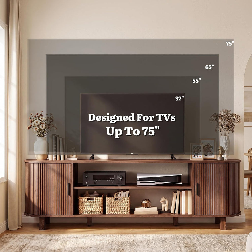 Mid Century Modern TV Stand, 70 inch Entertainment Center with Storage and Fluted Sliding Doors, Adjustable Shelves