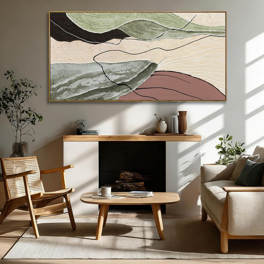 Brown Green Abstract Canvas Wall Art, Framed Beige White Painting, Neutral Black Prints Wall Decor, Artwork