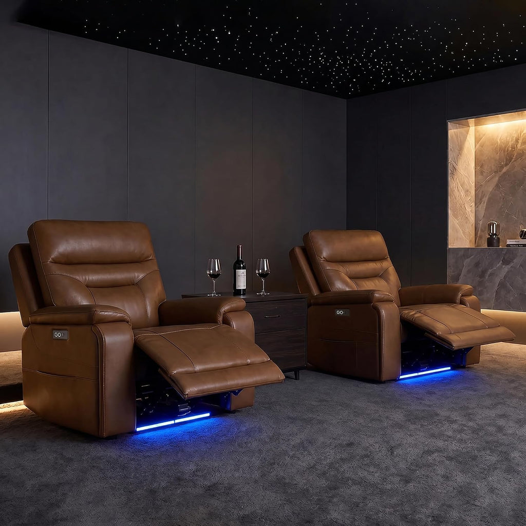 Power Recliner Chair with LED Light, 165° Lay Flat Recliner with USB & Type-C Charging Ports, Genuine Leather