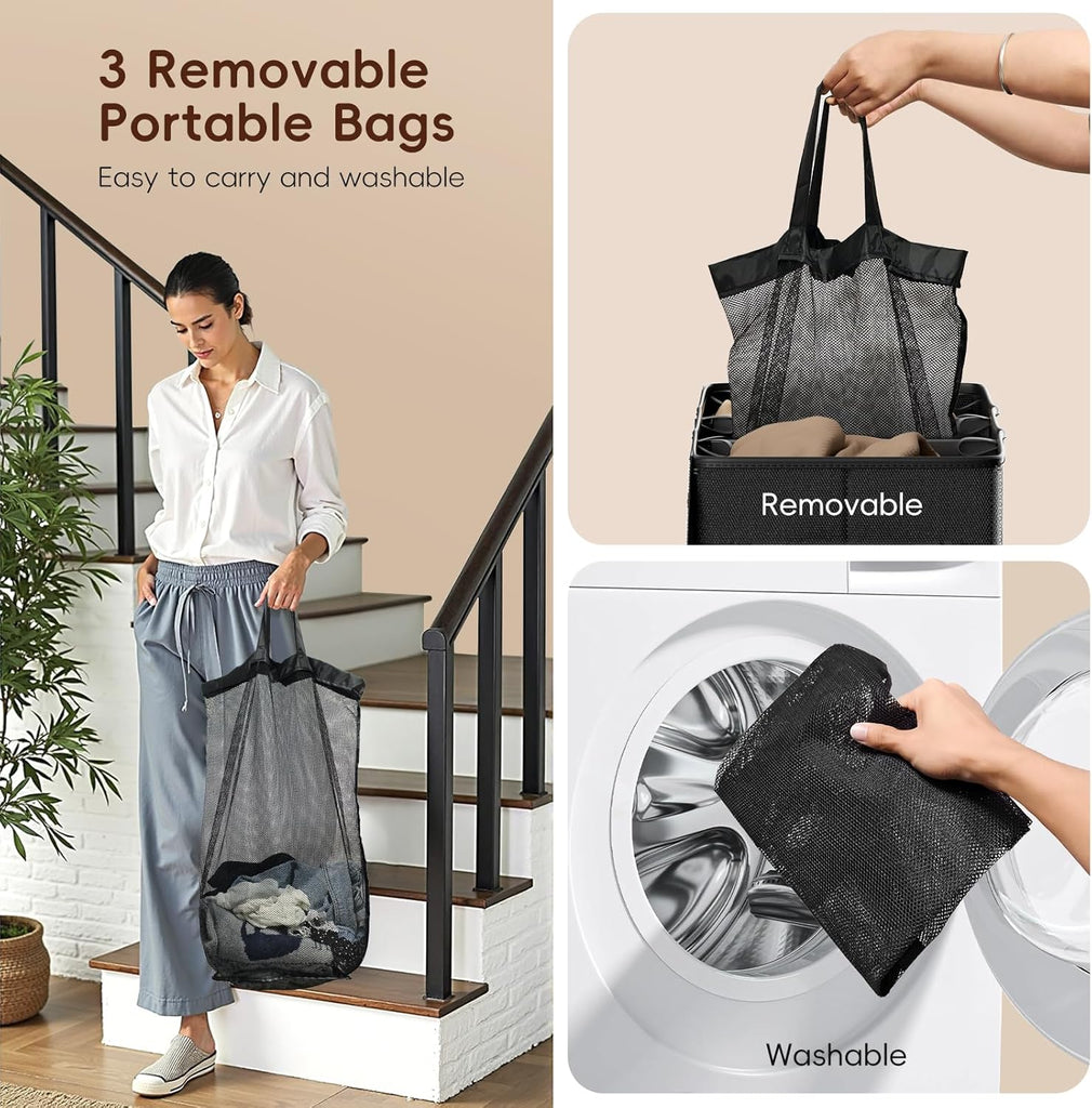 185L Laundry Hamper 3 Section, Laundry Hamper with Lid, Dirty Clothes Hamper with 3 Removable Washing Bags, Extra