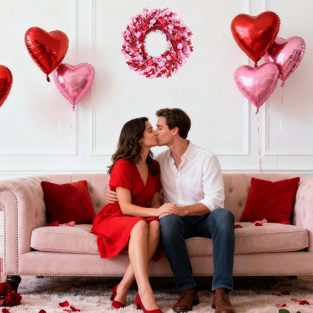 Valentines Day Decorations 22 Inch Valentine's Day Wreath Pink Flower Wreaths for Front Door with Red Tulip Pink