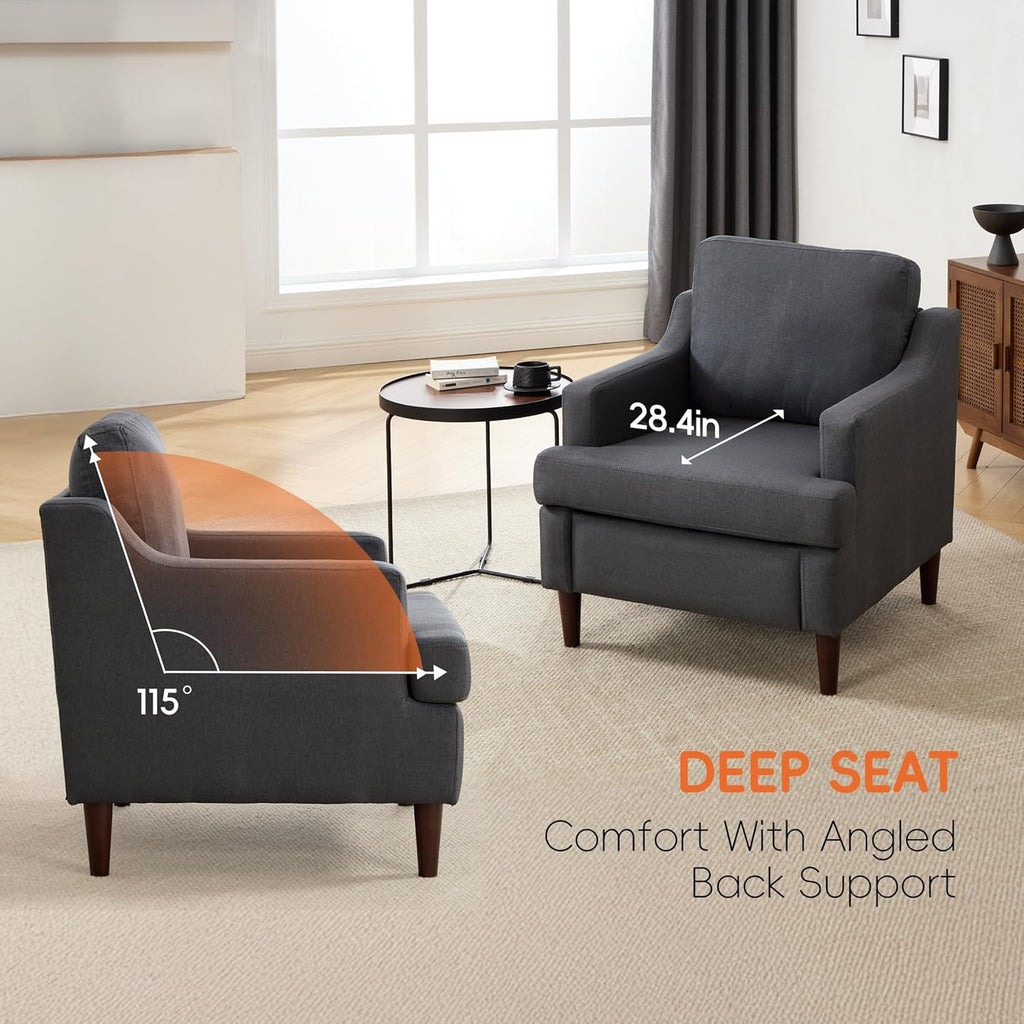 Mid-Century Accent Chair Modern Linen Fabric Armchair ,Comfy Upholstered Reading Chairs ,Single Sofa Chair with Wood