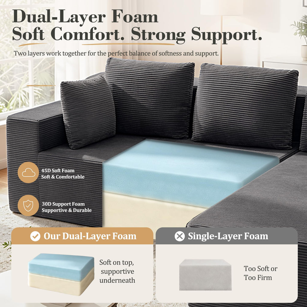 98" Cloud Sectional Boneless Couches, Modular L Shaped Sofa with Left Facing Chaise, Dual-Layer Foam, Corduroy
