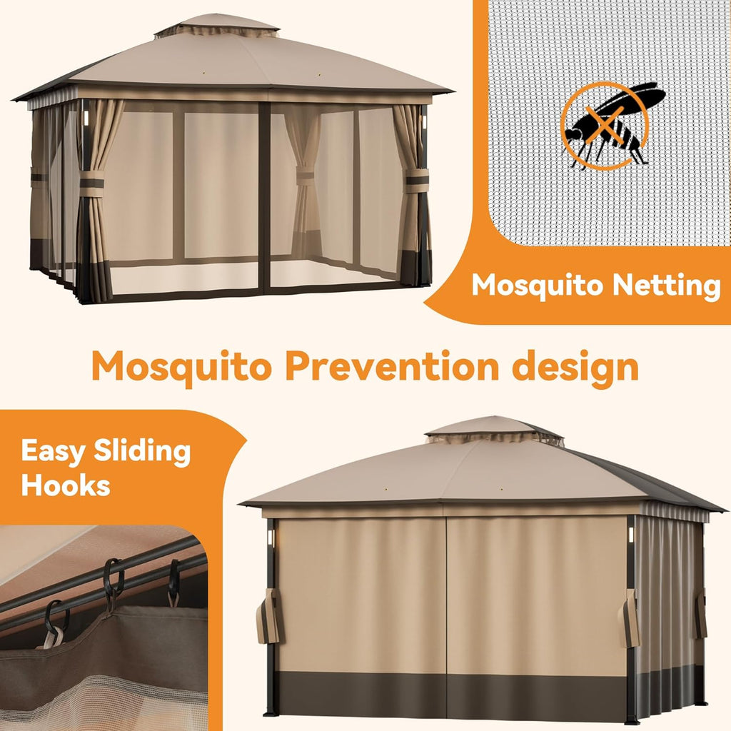 Patio Gazebo 11'x13' with LED Lights & Bluetooth Speaker, Heavy Duty Outdoor Canopy Shelter with Metal Frame - Khaki