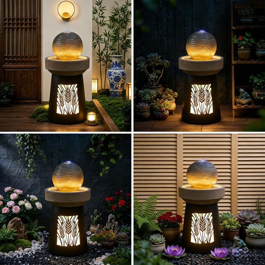 Modern Sphere Water Fountain with LED Lights and Quiet Pump, Freestanding Resin Zen Decor, Suitable, Balcony, Indoor