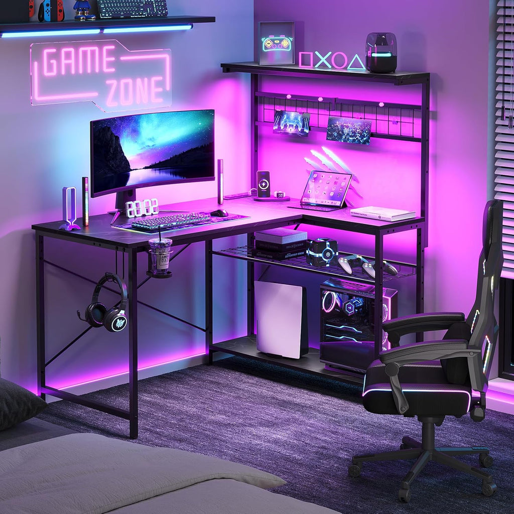 42 L Shaped Gaming Desk, Computer Desk with Power Outlets & LED Light, Reversible Corner Desk with Shelves