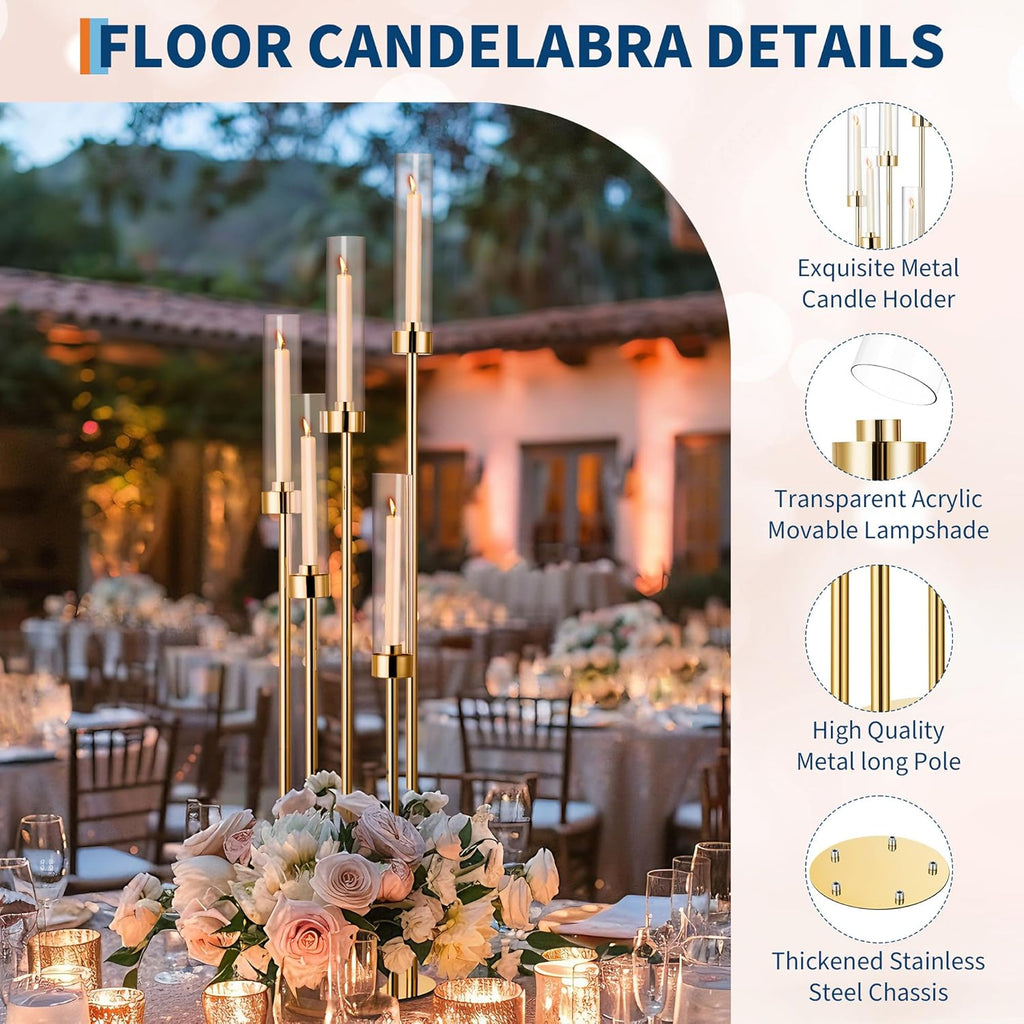 2PCS 42.5In 5 Arm Gold Floor Candelabra, Tall Metal Candle Centerpieces for Tables with Acrylic Lampshade, Home