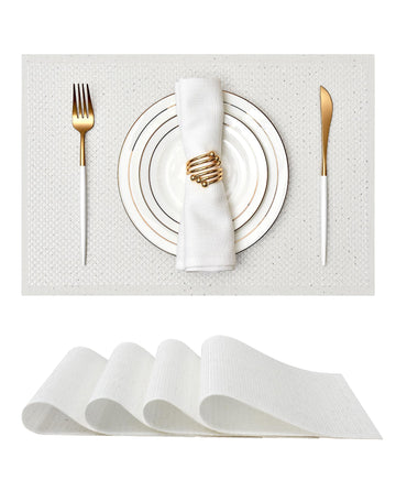 Woven Vinyl Placemats Set of 4, White Sequin