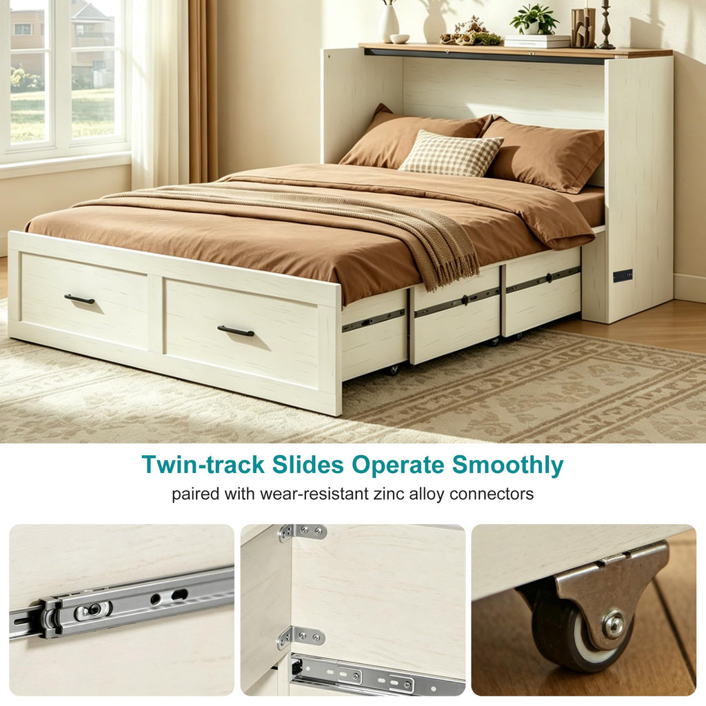 Queen Murphy Bed with Charging Station Large Storage Drawer Farmhouse Wood
