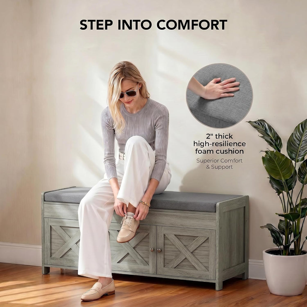 Shoe Storage Bench with Seating, Farmhouse Entryway Bench with Shoe Storage and Cushion, Under Window Benches Wooden