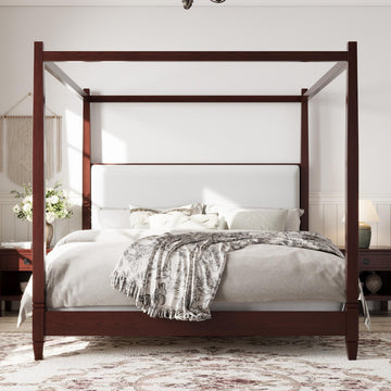 King Size Wood Canopy Bed Frame, Espresso Vintage Four-Posters Platform Bed