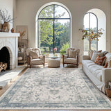 5x7 Washable Vintage Boho Area Rug, Low Pile Non-Slip Carpet Light Blue