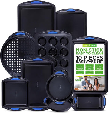 10-Piece Nonstick Bakeware Set - Heavy Duty Carbon Steel Trays w/Silicone Handles - Includes Cookie Sheets, 12-Cup
