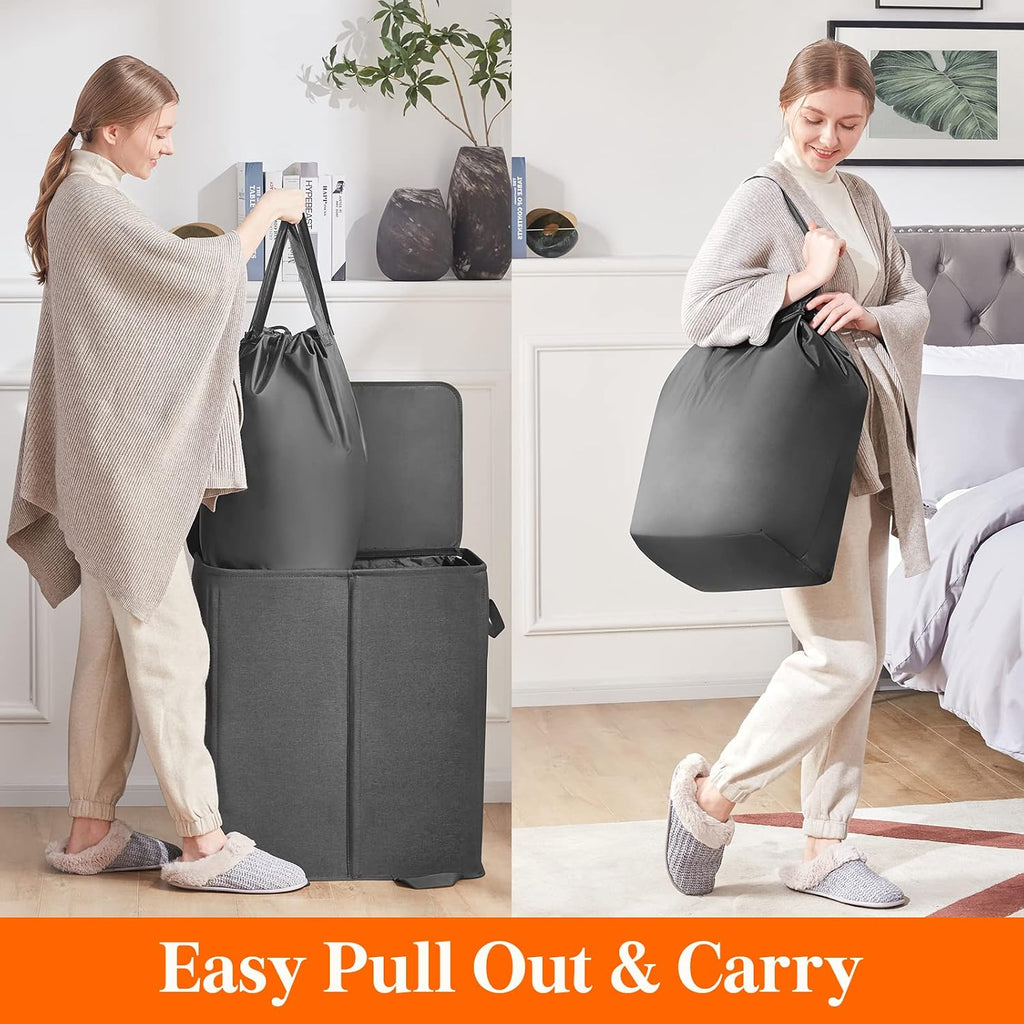 Double Laundry Hamper with Lid and Removable Laundry Bags, Large Collapsible 2 Dividers Dirty Clothes Basket with