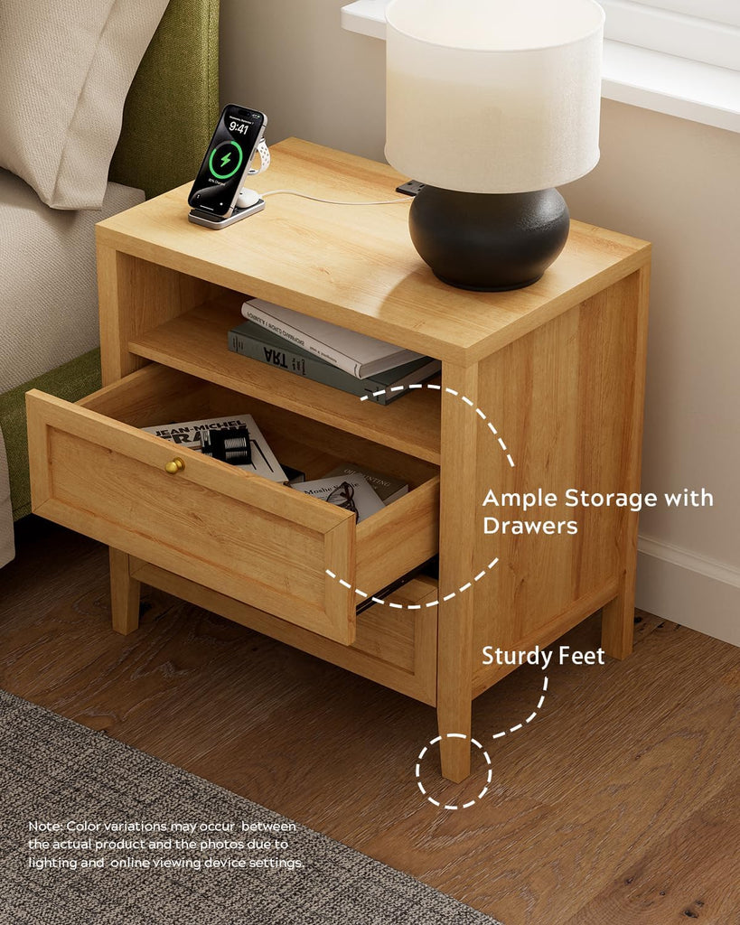 Modern Nightstand with 2 Drawers Wooden End Table with Charging Station Farmhouse Night Stand Bedside Side Table with