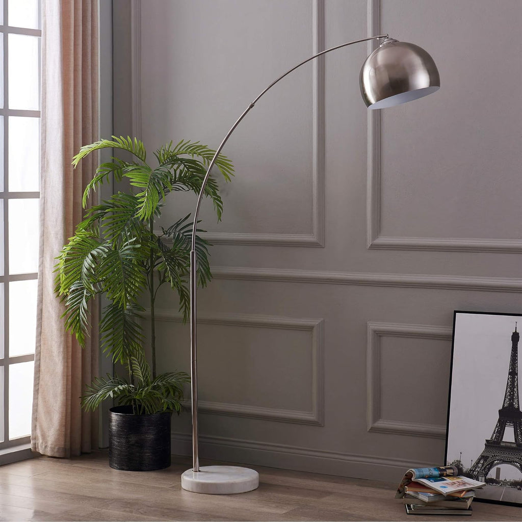 Arquer 68.1" Arc Floor Lamps, Home Offices, Dining Rooms, Bedrooms with Faux White Marble Base and Nickel Bell Shade