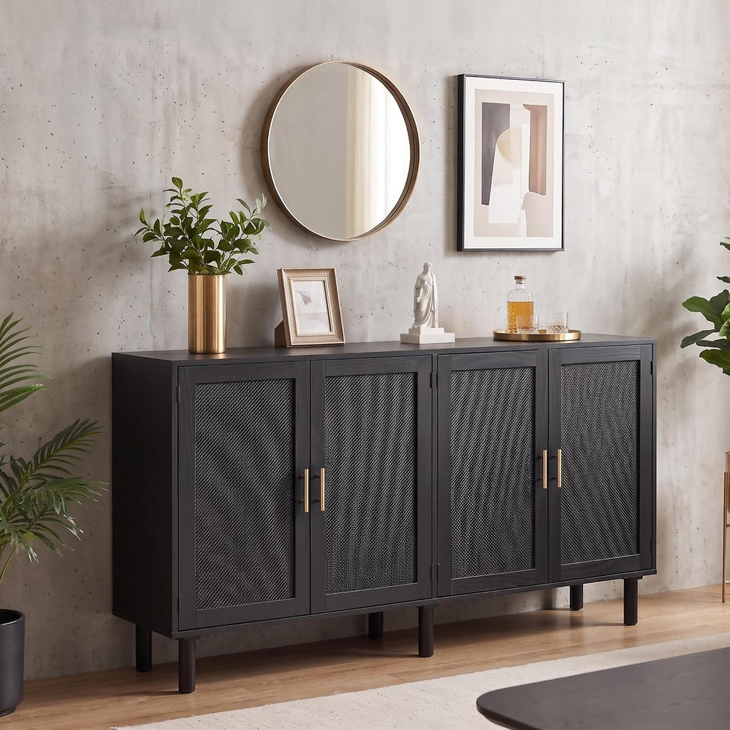 4 Door Sideboard Buffet Cabinet, Kitchen Storage Buffet with Black Painted Rattan Decorated Doors