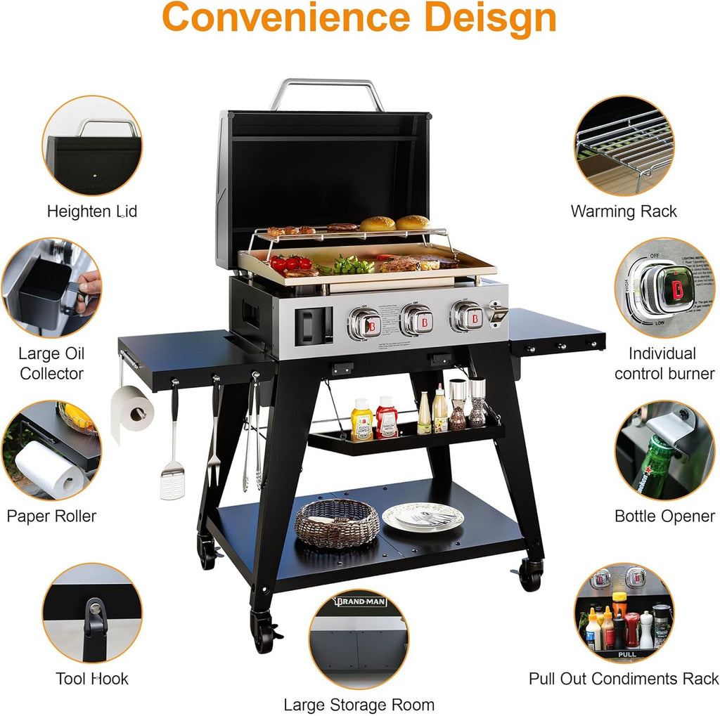 3-Burner Portable Propane Gas Griddle with Lid, 28,000 BTU Flat Top Grill, 504 Sq. In. Cooking Area, Folding Side Tables and Rolling Cart for Outdoor BBQ and Camping