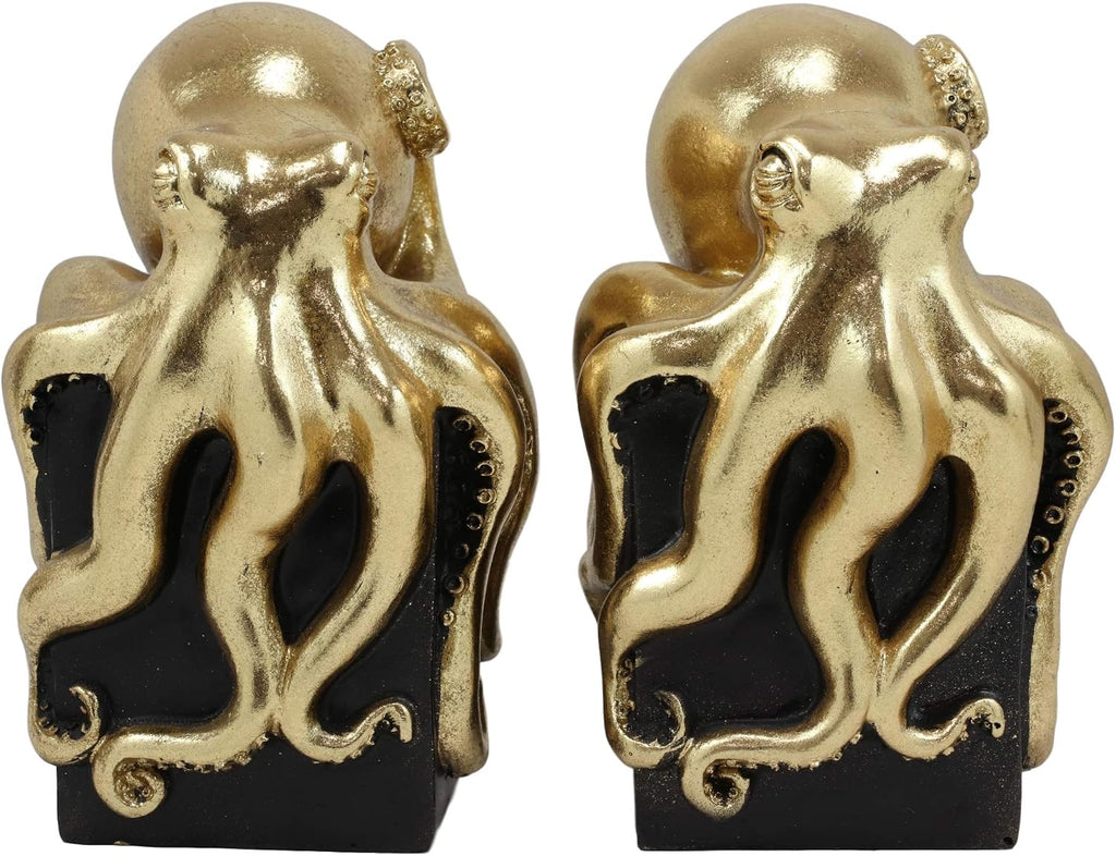 Contemporary Gold Color Octopus Light Duty Bookends Statue Set Nautical Coastal Resin Decorative Office Study-Room