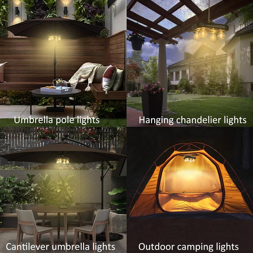 Battery Operated Patio LED Umbrella Light with G40 Bulbs, 3 Brightness Cordless Umbrella Pole Lights Tents