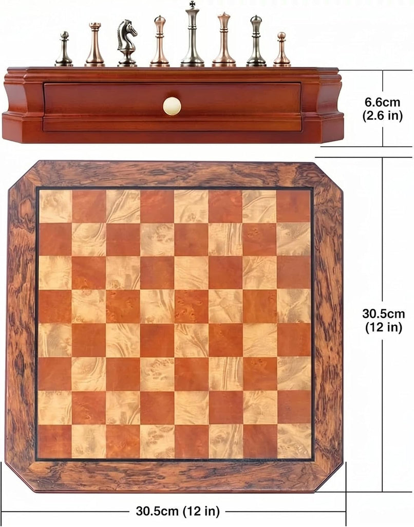 Luxury Wooden Chess Set with Metal Pieces, Handcrafted Solid Wood Board & Storage Drawer - Creative Gift for Men