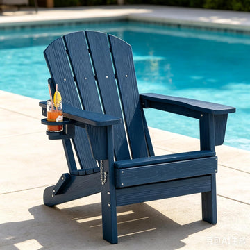 HDPE Folding Adirondack Patio Chair with Cup Holder - Weather-Resistant Plastic, Wood Grain Texture, Outdoor Lounge