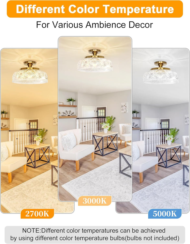 Semi Flush Mount Ceiling Light, 12 Inch Large Gold Ceiling Light Fixture, 3-Light Globe Glass Farmhouse Kitchen