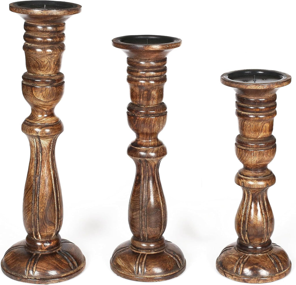 Wooden Candle Holder Set of 3, Tall Natural Burnt Pillar Candle Holders, Rustic Farmhouse Decor, Brown Wooden Candle