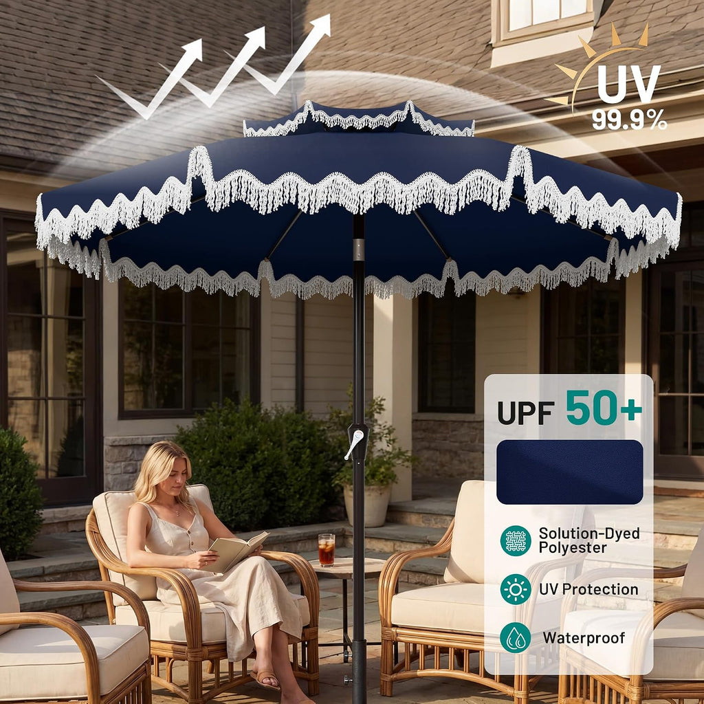 9ft Patio Umbrella with Fringe Tassels, Wind-Resistant Fiberglass Ribs - Navy