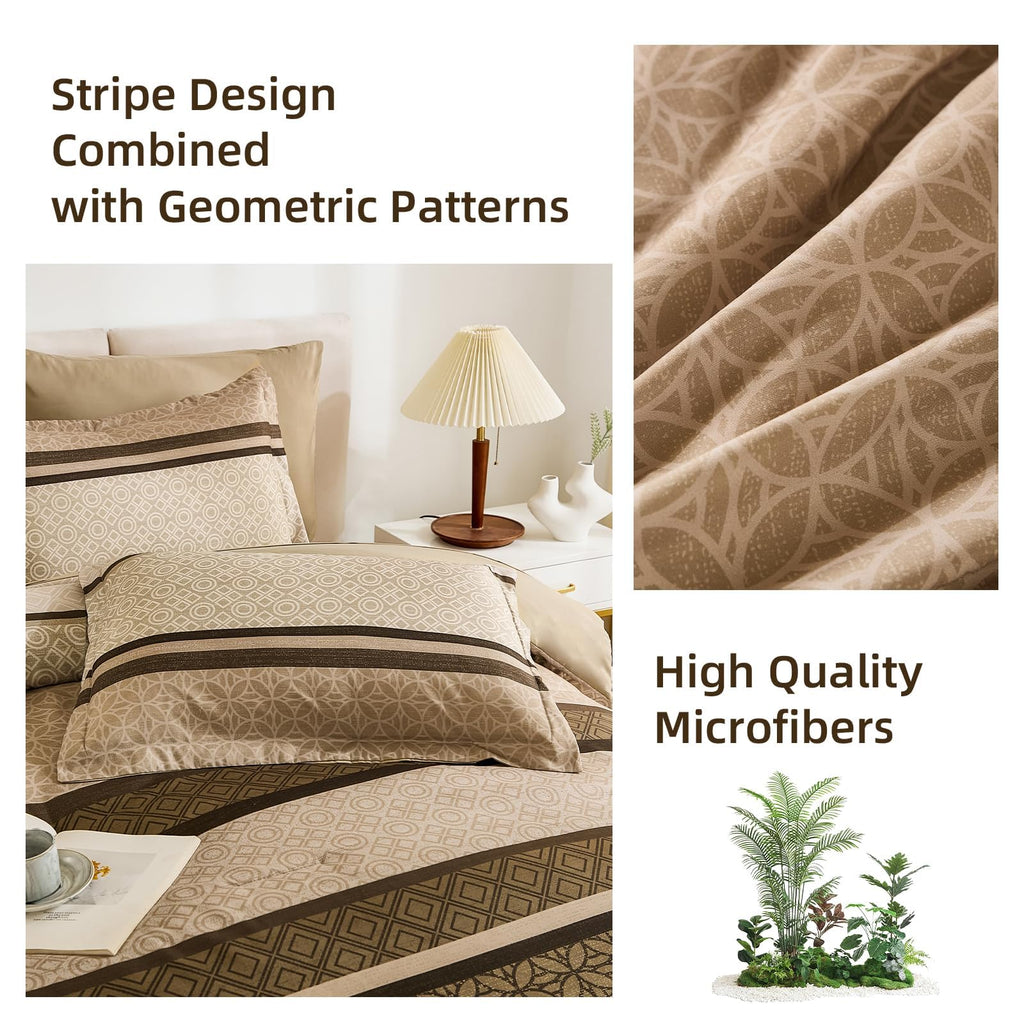 7 Pieces Comforter Set King Size, Brown Striped Fall Winter Bed in a Bag Comforter, Minimalist Geometric Bohemian