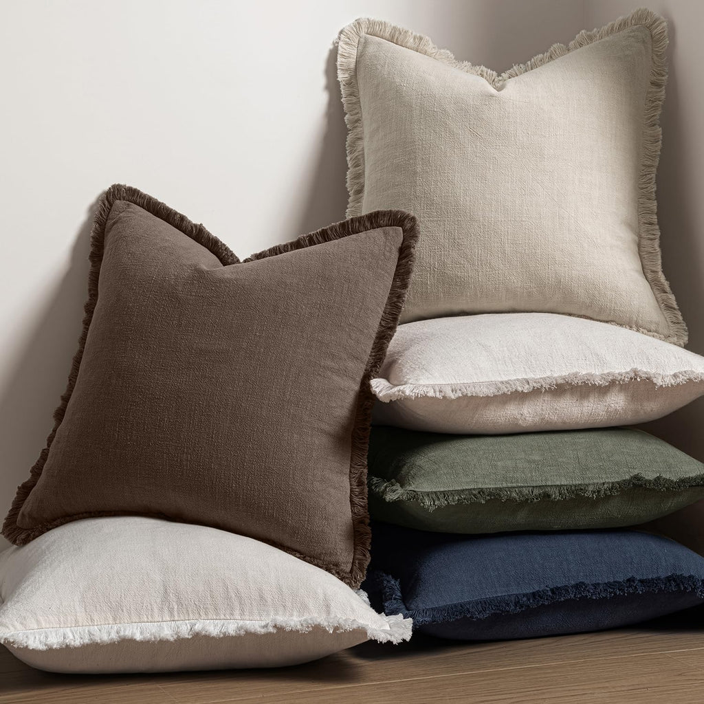 Decorative Lumbar Throw Pillow Covers Neutral Linen Fringe Throw Pillows Set of 2 Reddish Brown Boho Farmhouse