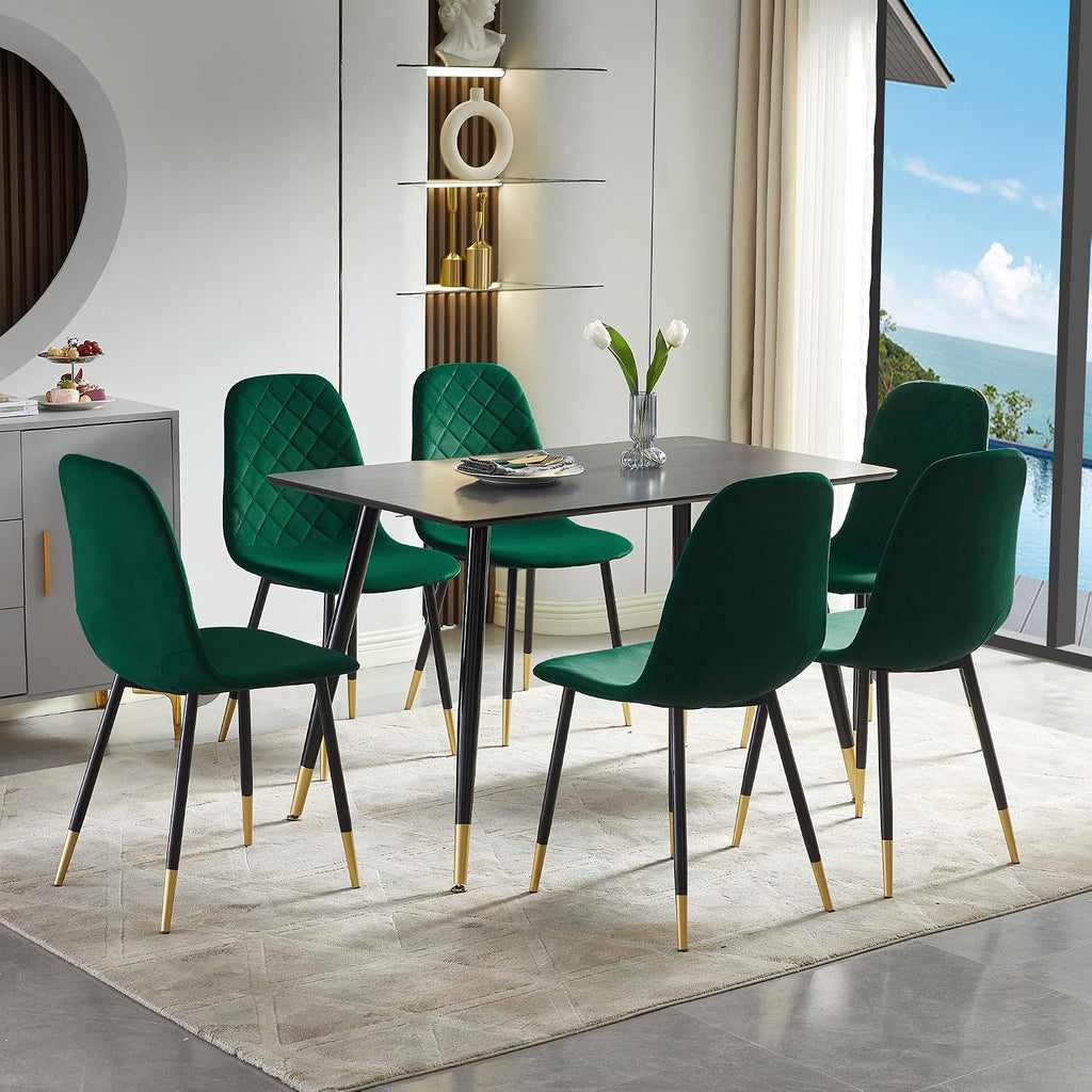 Green Velvet Dining Chairs Set of 6, Modern Kitchen & Dining Room Side Chairs with Black and Gold Metal Legs for Home