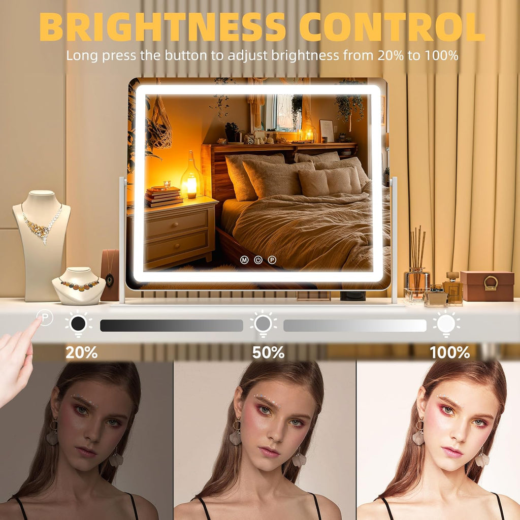 Large Vanity Mirror with Lights 34'' x 25.6'' - Touch Screen Hollywood Makeup Mirror, 3 Color Modes + Dimmable LED