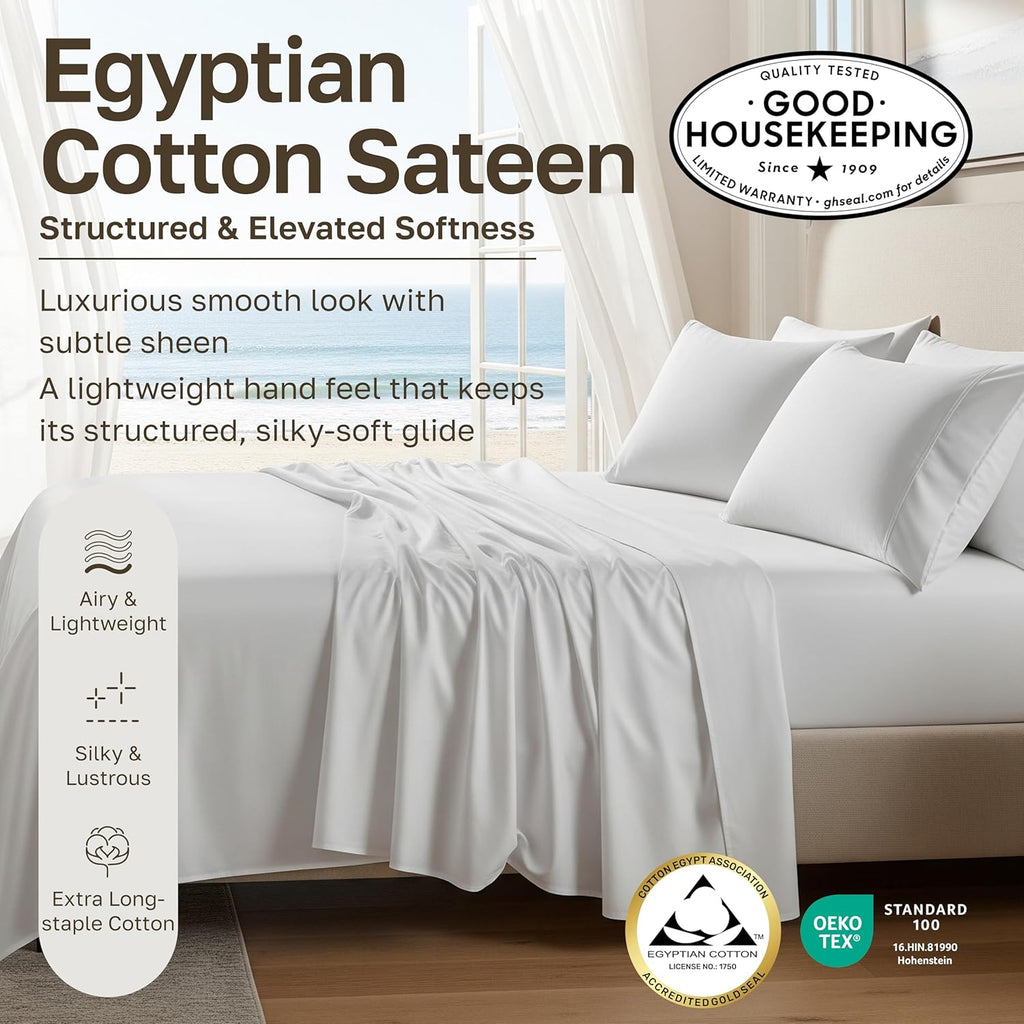 100% Egyptian Cotton Sheets Set - Certified Authentic Luxury Sheet Set with Deep Pocket, Soft Sateen