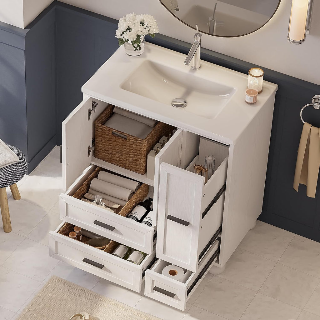 29.5" Bathroom Vanity with Sink & Hair Tool Drawer - Freestanding Cabinet with 4 Drawers & 2 Doors