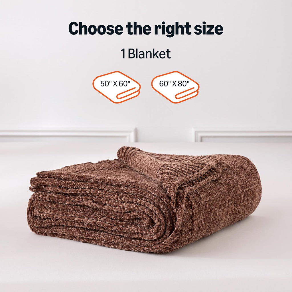 Chunky Chenille Knit Throw Blanket, Soft and Warm Lightweight Jersey, 50"×60", Brown