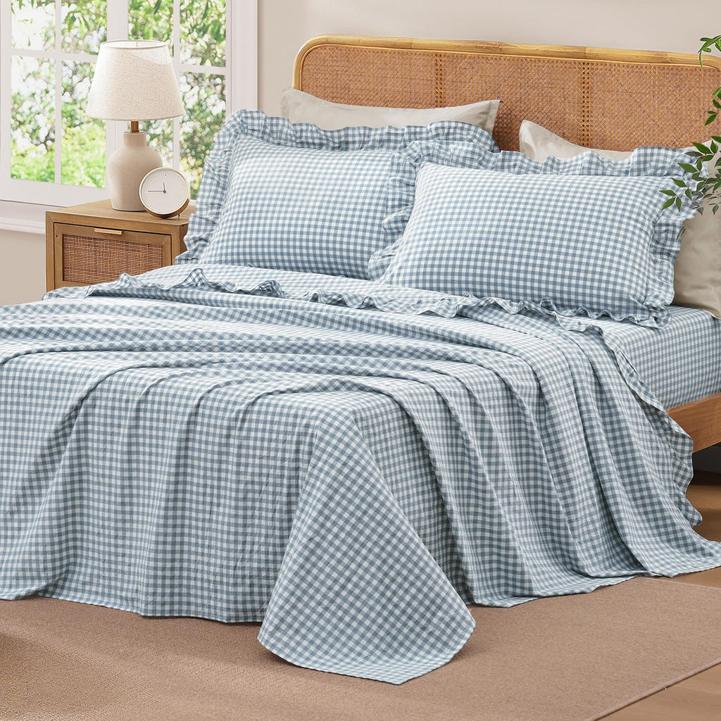 Blue Cotton Gingham Soft Breathable Sheets Set