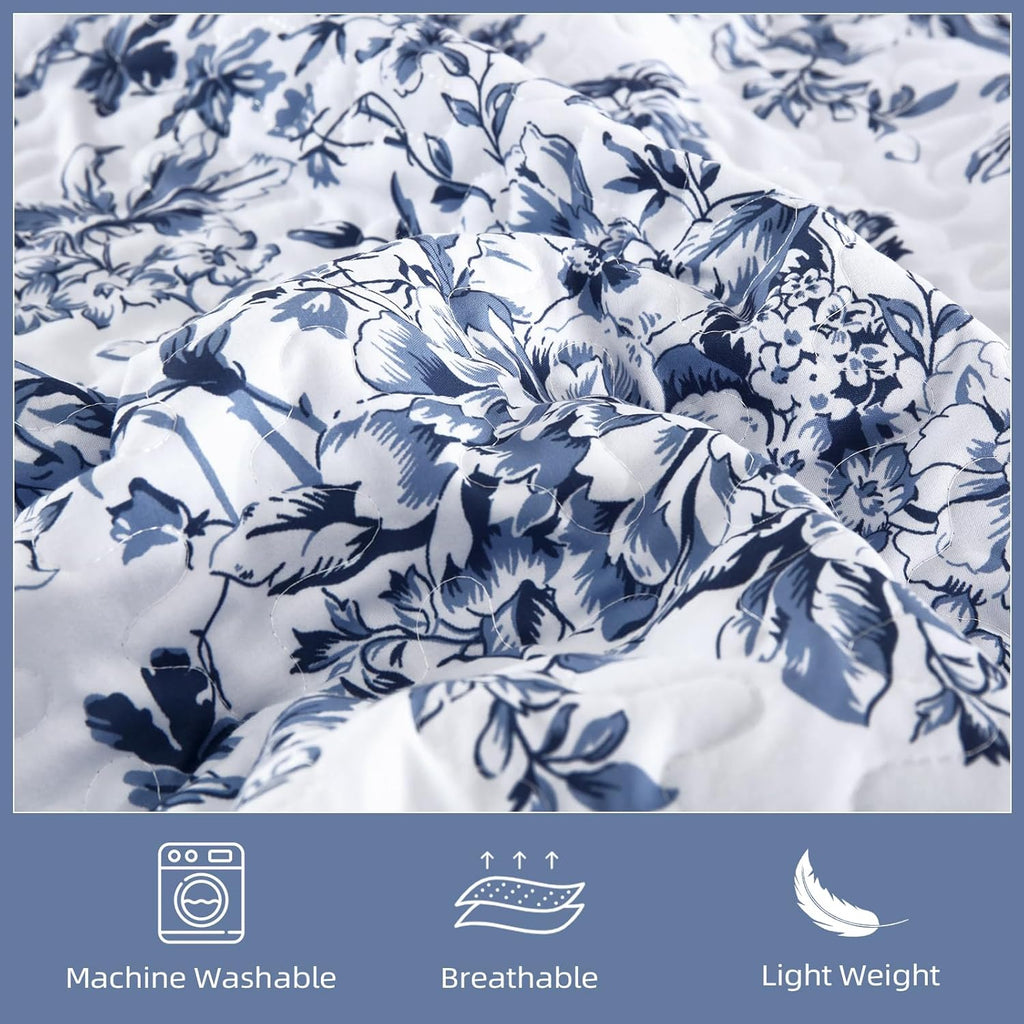 Quilt, Blue Quilt Bedding Set with 2 Pillowcases, Botanical Quilts for Bed, Soft Microfiber Lightweight