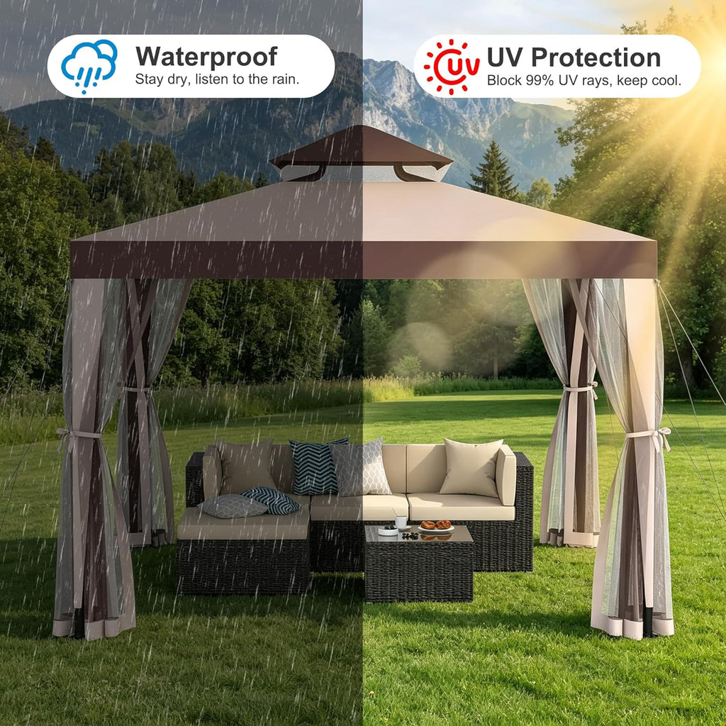 Outdoor Gazebo 10×10 Canopy Tent with Mosquito Nettings & Double Roofs, Canopy Shelter for Party, Patio Gazebo (Red