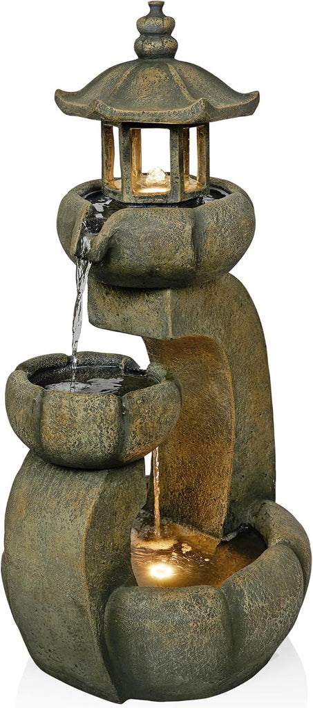 32" Tall 2-Layer Pagoda Polystone Fountain with LED Lights, Cascading Waterfall, Outdoor Garden and Patio Water
