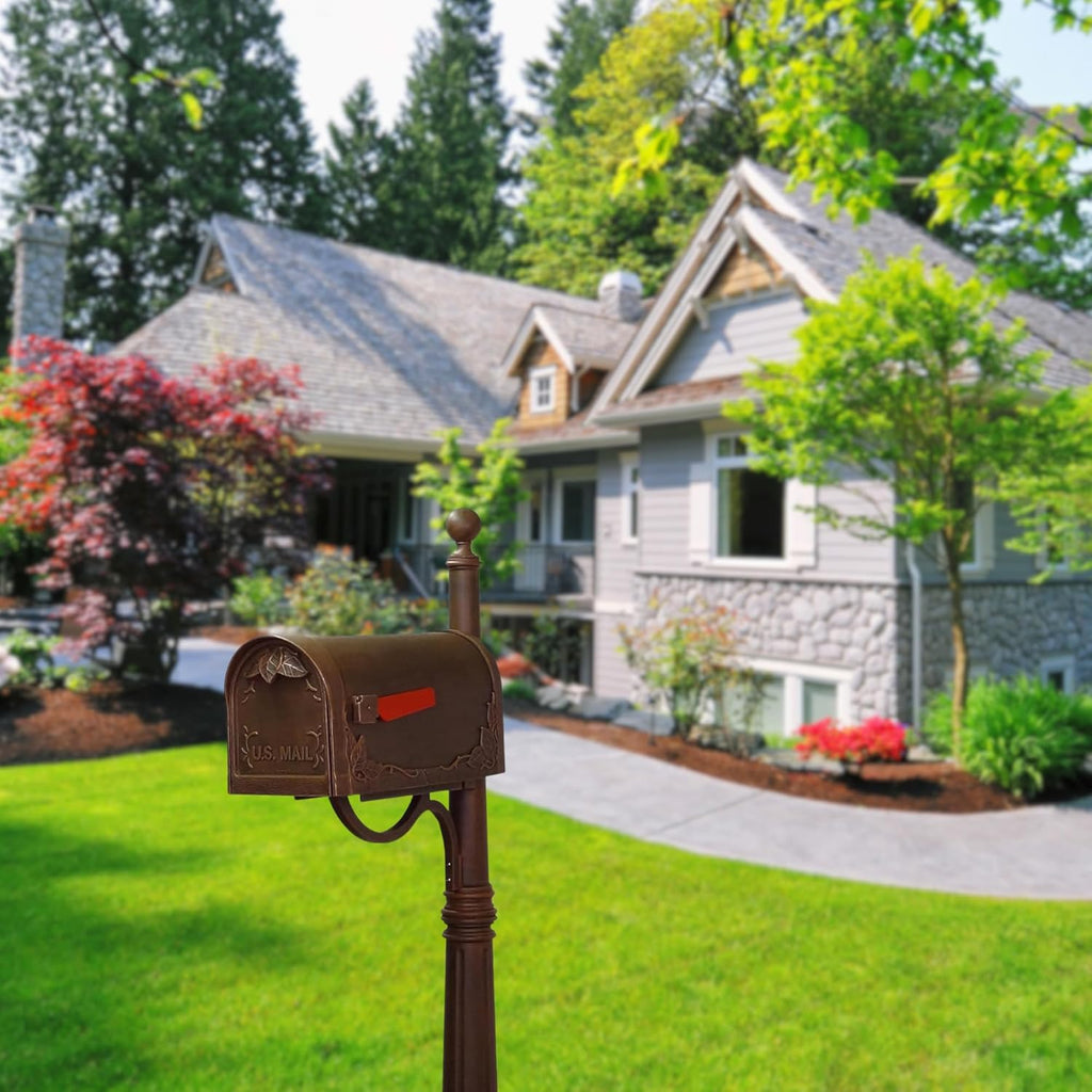 Floral Curbside Mailbox with Ashland Post - Copper Mailbox with Aluminum Post