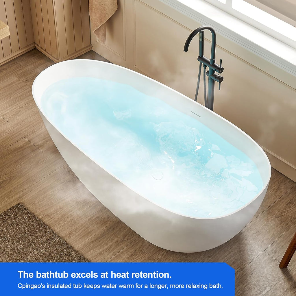71" Solid Surface Bathtub, Stone Resin Freestanding Soak Tub for Bathroom, Non-Porous & Warm to Touch Surface, Matte