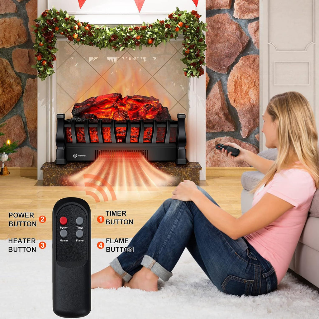 Electric Fireplace Logs Inserts Heater with Infrared Remote Controller 5 Flame Brightness 24 H Timer Overheating