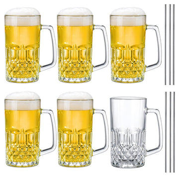6 Pack 16 Oz Glass Beer Mug, Large Beer Glasses Steins with Handle and Stainless Steel Straws, Crystal Lead-Free