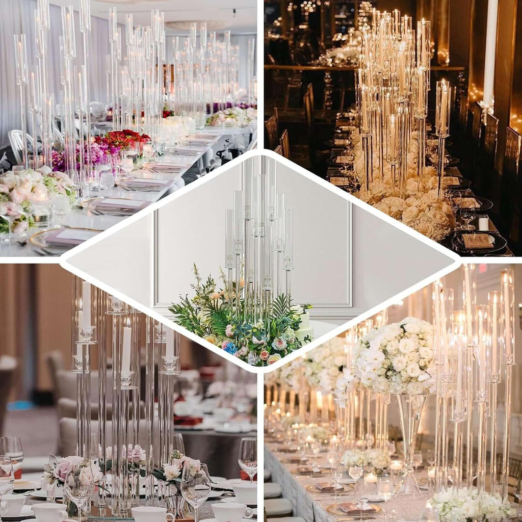 47" Tall - 10 Arms Clear Crystal Cluster Round Candelabra, Pillar Candle Holders with Mirror Base , Party Decorations