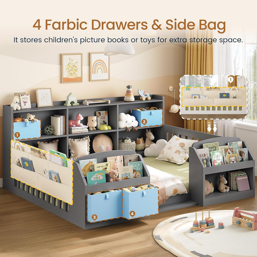 Full Size Floor Wooden Montessori Bed Frame for Kids,Grey | 4 Fabric Drawers, Both Sides Bookshelves, 2-Tier Side