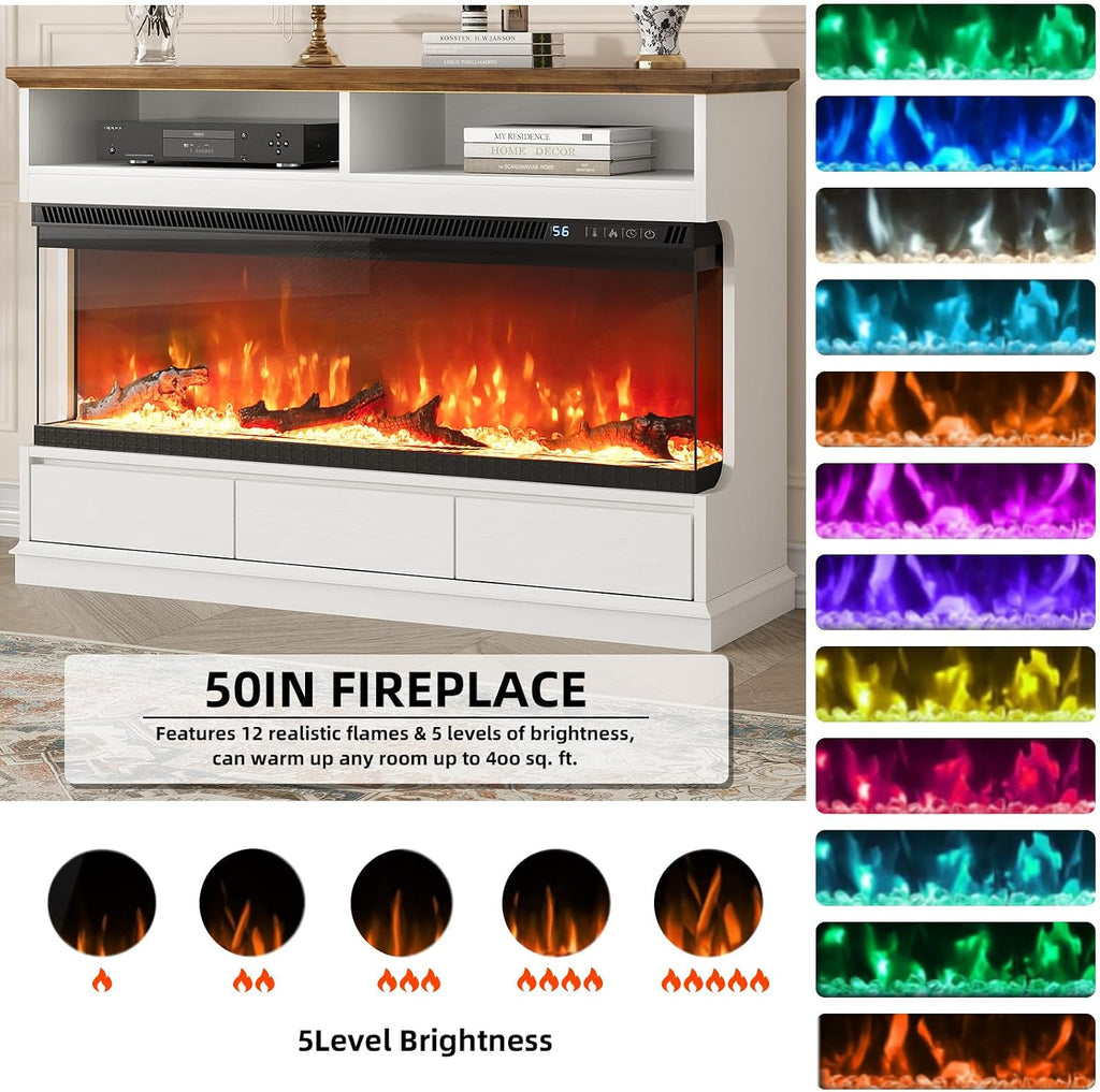 Fireplace TV Stand with 50" Electric Fireplace, Fireplace Entertainment Center with 3-Side Glass Insert, 3 Drawers