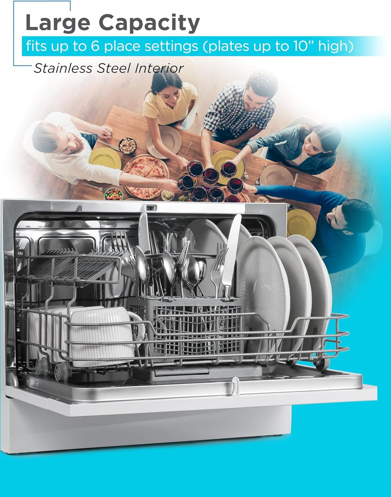 Countertop Dishwasher, Counter Dishwasher with 6 Wash Programs, 6-Place Setting Capacity, Stainless Steel Interior